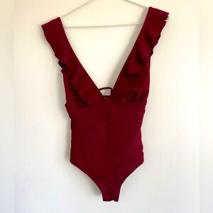 Shein Maroon Ruffle Sleeve V Neck One Piece - Size Medium